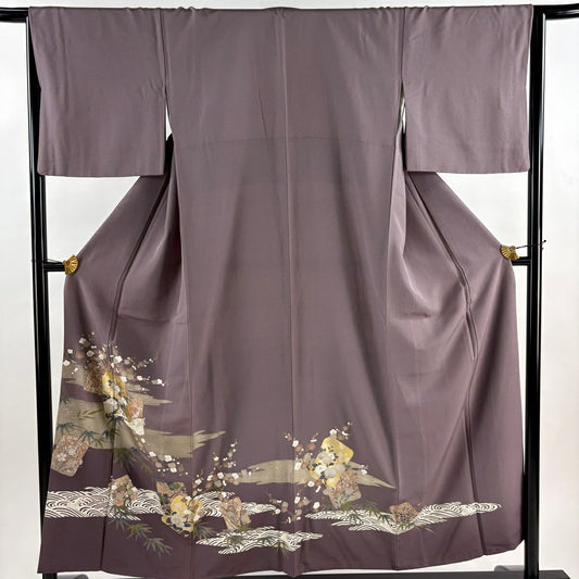 留袖禮服禮服 身長155cm 袖長66cm M 雙層 破れ色紙 草花紋紋 金糸 金銀彩 灰紫 純蠶絲 秀品級