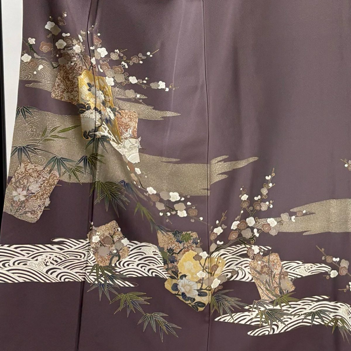 留袖禮服禮服 身長155cm 袖長66cm M 雙層 破れ色紙 草花紋紋 金糸 金銀彩 灰紫 純蠶絲 秀品級