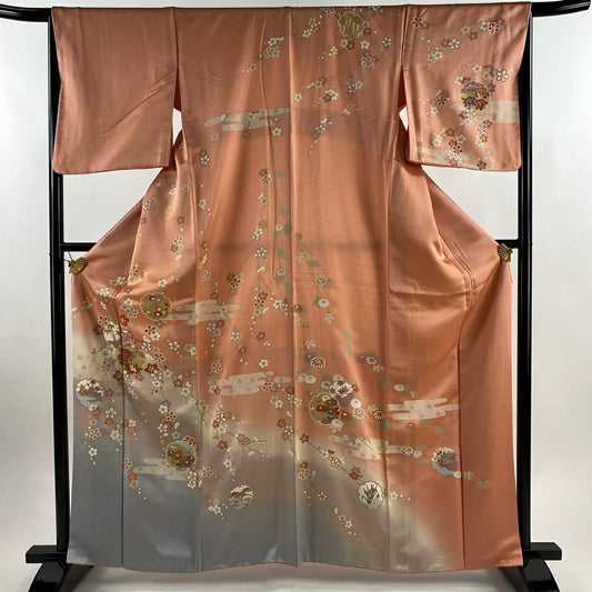 【美品】訪問服 身長162.5cm 袖長66cm M 雙層 雪輪 牡丹 金絲 金銀彩 鮭粉色 純蠶絲 秀品級
