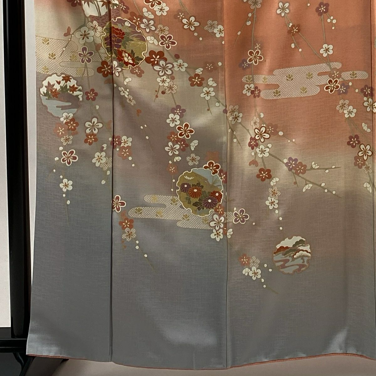 【美品】訪問服 身長162.5cm 袖長66cm M 雙層 雪輪 牡丹 金絲 金銀彩 鮭粉色 純蠶絲 秀品級