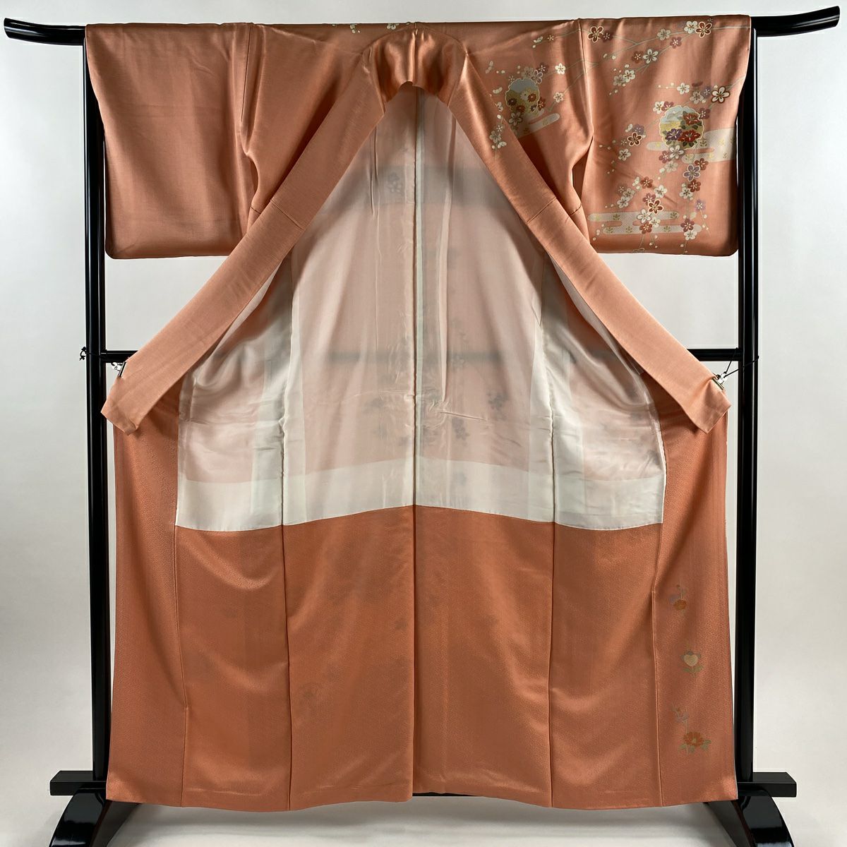 【美品】訪問服 身長162.5cm 袖長66cm M 雙層 雪輪 牡丹 金絲 金銀彩 鮭粉色 純蠶絲 秀品級