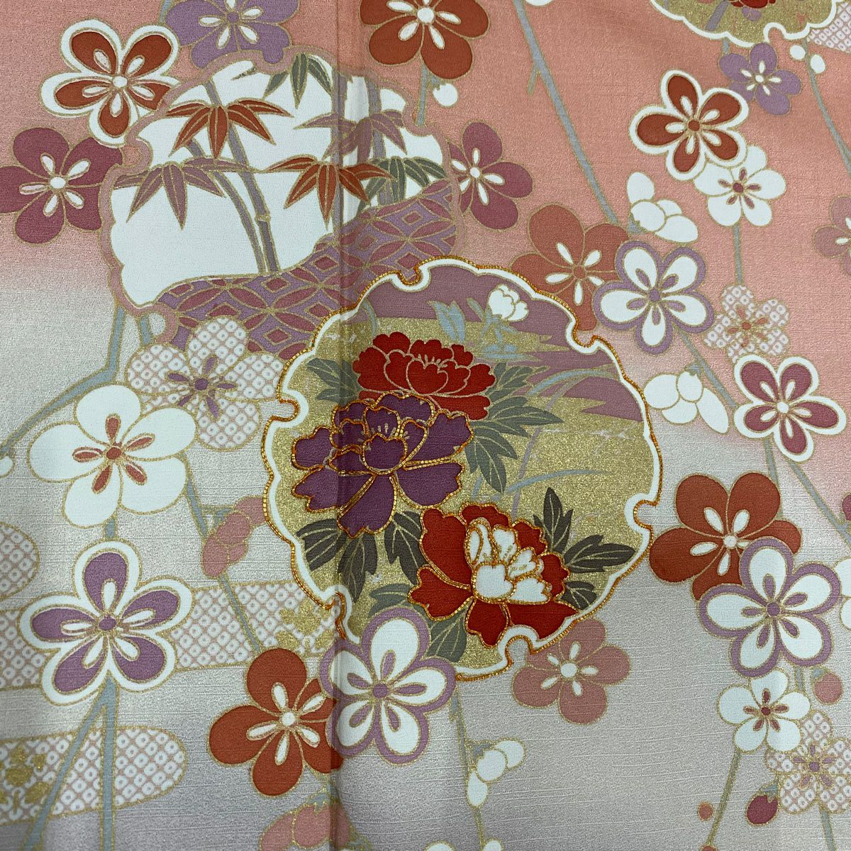 【美品】訪問服 身長162.5cm 袖長66cm M 雙層 雪輪 牡丹 金絲 金銀彩 鮭粉色 純蠶絲 秀品級