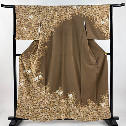 訪問服 身長158.5cm 袖長63.5cm S 雙層 落款あり 椿 金銀彩 茶 純蠶絲 名品級