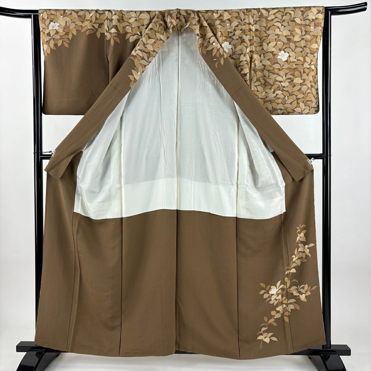訪問服 身長158.5cm 袖長63.5cm S 雙層 落款あり 椿 金銀彩 茶 純蠶絲 名品級
