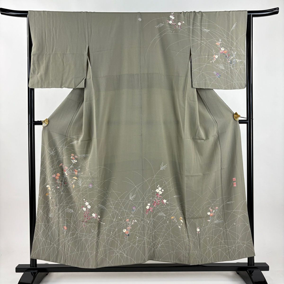 訪問服 身長155cm 袖長65.5cm M 雙層 百貫達雄 落款あり 菊花 ススキ 灰綠 純蠶絲 名品級 一つ紋