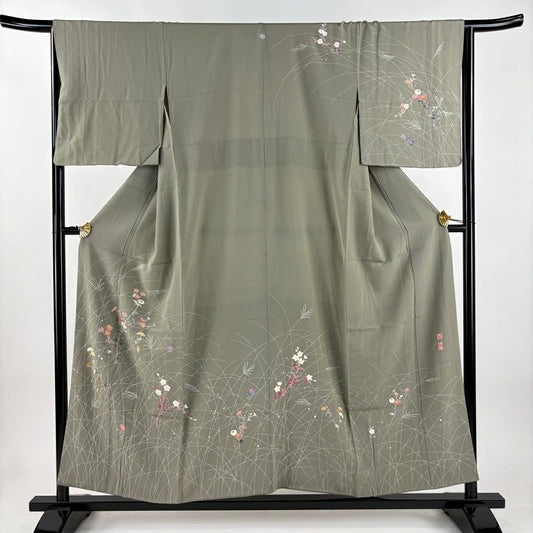 訪問服 身長155cm 袖長65.5cm M 雙層 百貫達雄 落款あり 菊花 ススキ 灰綠 純蠶絲 名品級 一つ紋