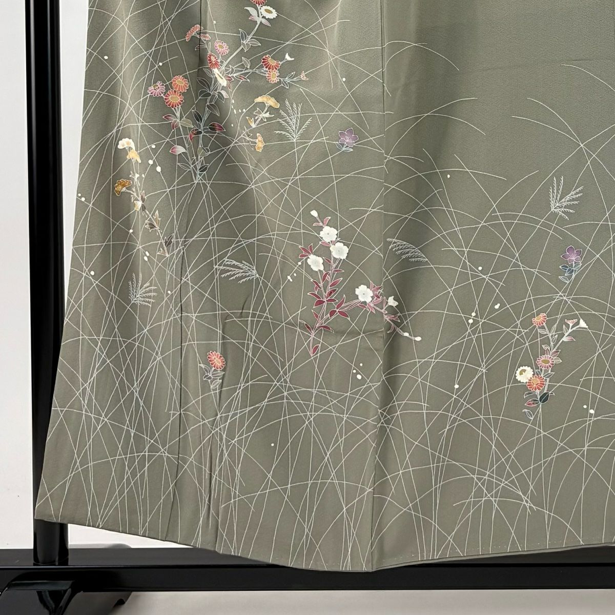 訪問服 身長155cm 袖長65.5cm M 雙層 百貫達雄 落款あり 菊花 ススキ 灰綠 純蠶絲 名品級 一つ紋