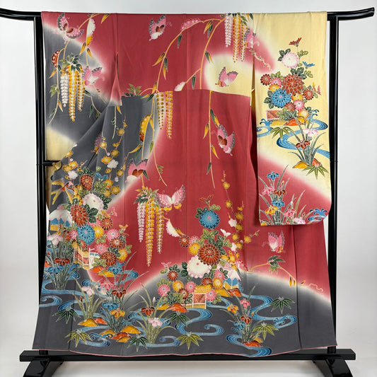 振袖禮服 身長157cm 袖長63cm S 雙層 菊花 鳥 染分 逐漸淡化 粉米色 純蠶絲 名品級