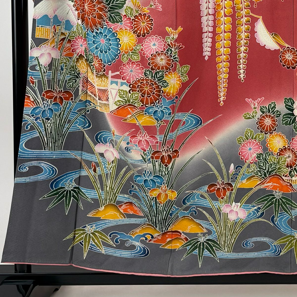 振袖禮服 身長157cm 袖長63cm S 雙層 菊花 鳥 染分 逐漸淡化 粉米色 純蠶絲 名品級