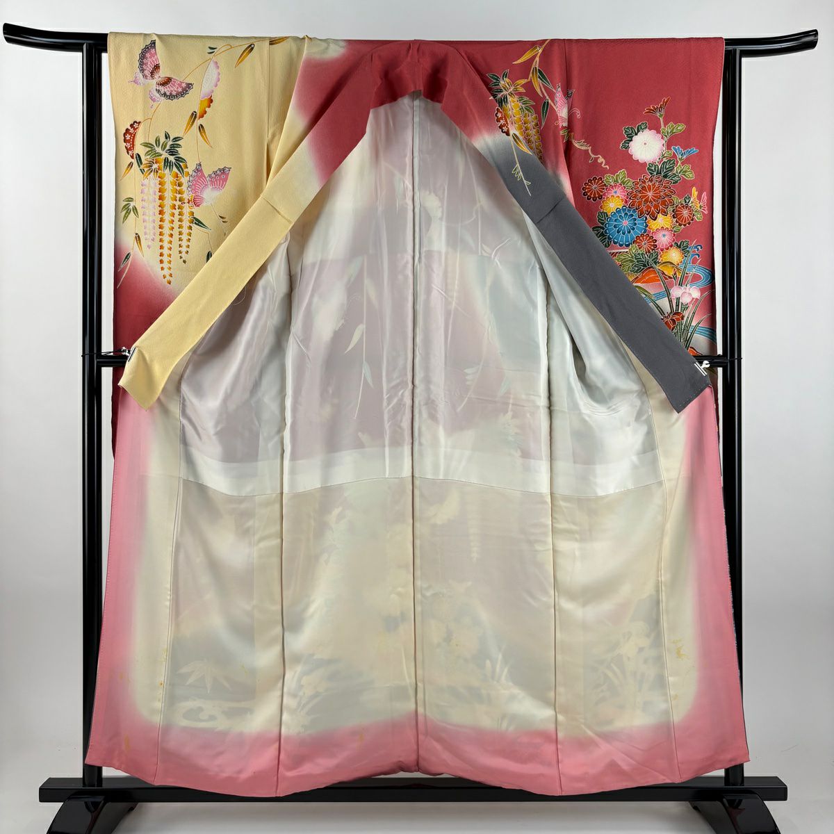 振袖禮服 身長157cm 袖長63cm S 雙層 菊花 鳥 染分 逐漸淡化 粉米色 純蠶絲 名品級