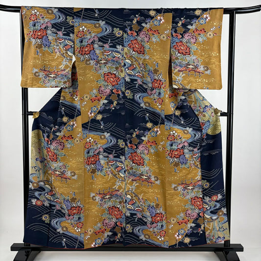 小紋 身長155cm 袖長62.5cm S 雙層 草花紋紋 流水 金彩裝飾 染分 山吹茶 純蠶絲 名品級