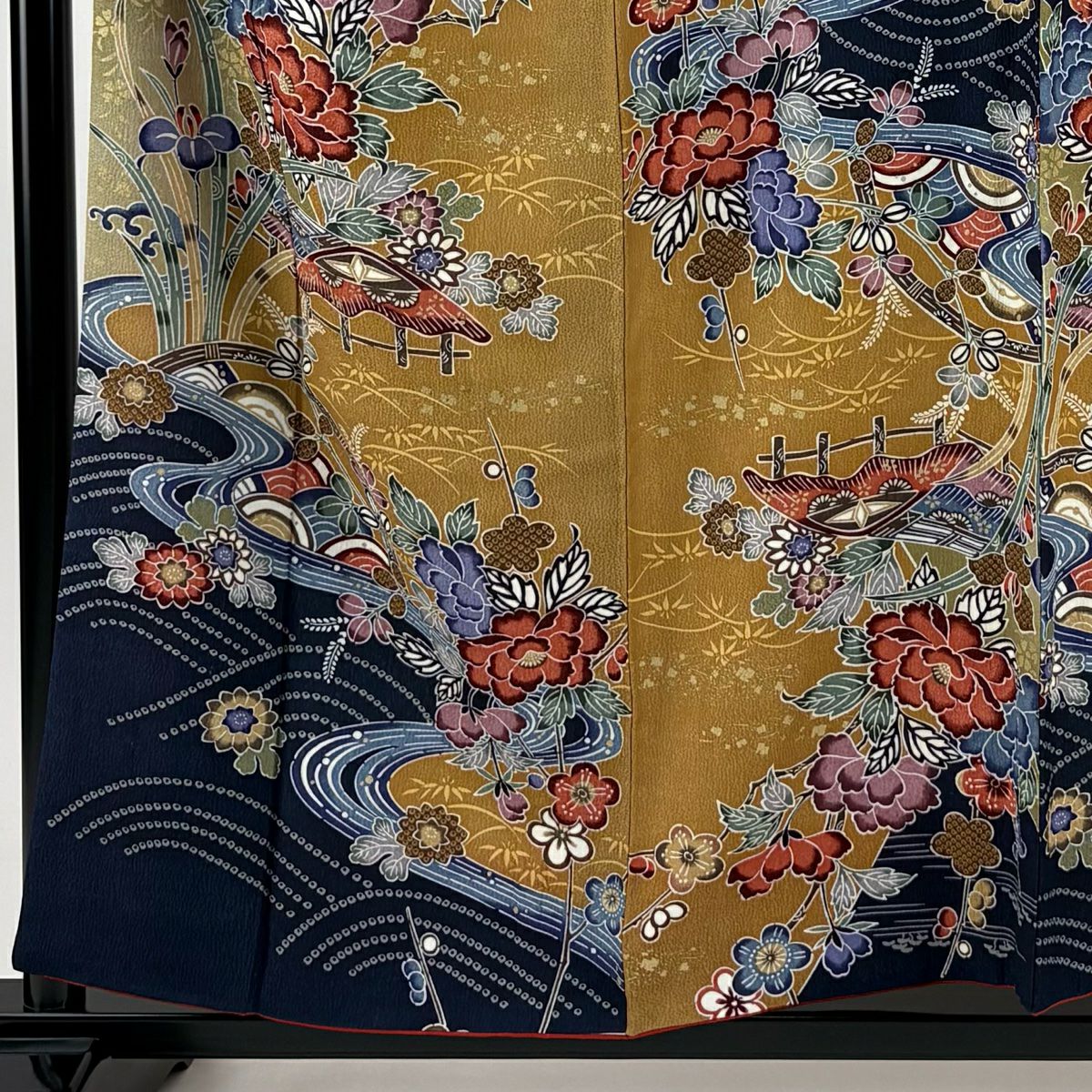 小紋 身長155cm 袖長62.5cm S 雙層 草花紋紋 流水 金彩裝飾 染分 山吹茶 純蠶絲 名品級