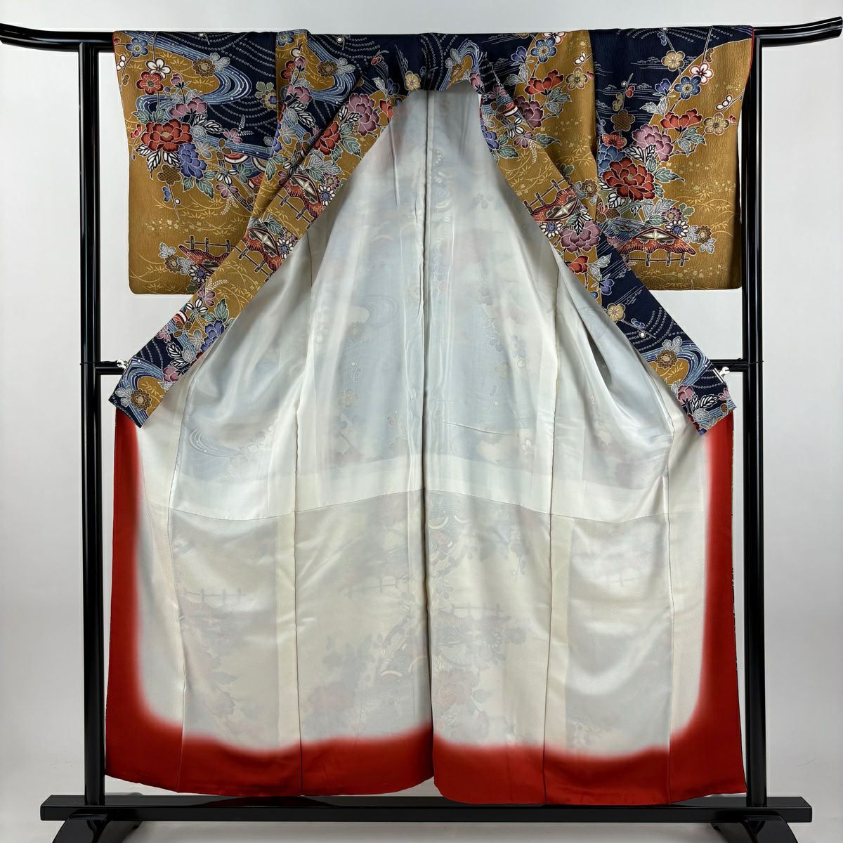 小紋 身長155cm 袖長62.5cm S 雙層 草花紋紋 流水 金彩裝飾 染分 山吹茶 純蠶絲 名品級
