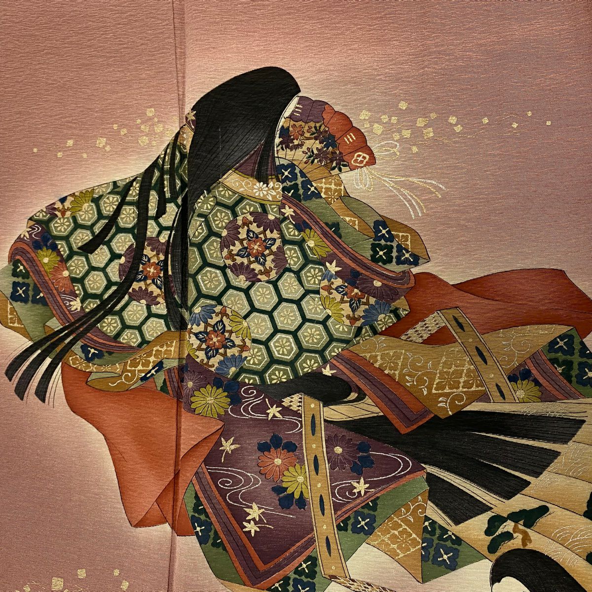 付下 身長160cm 袖長65.5cm M 雙層 樽本伊勢蔵 有落款 姫 龜甲 金銀彩 漸層 小豆 純蠶絲 名品級 一つ紋