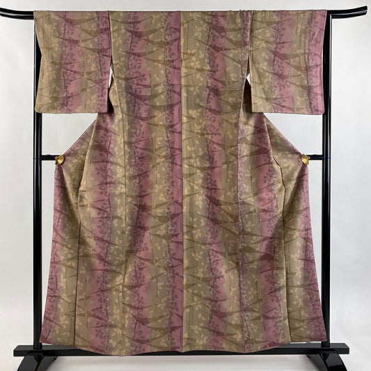 【美品】 小紋 身長158cm 袖長66cm M 雙層 菅原結 葉與果 實用幾何圖案 漢方染 紫 純蠶絲 逸品級
