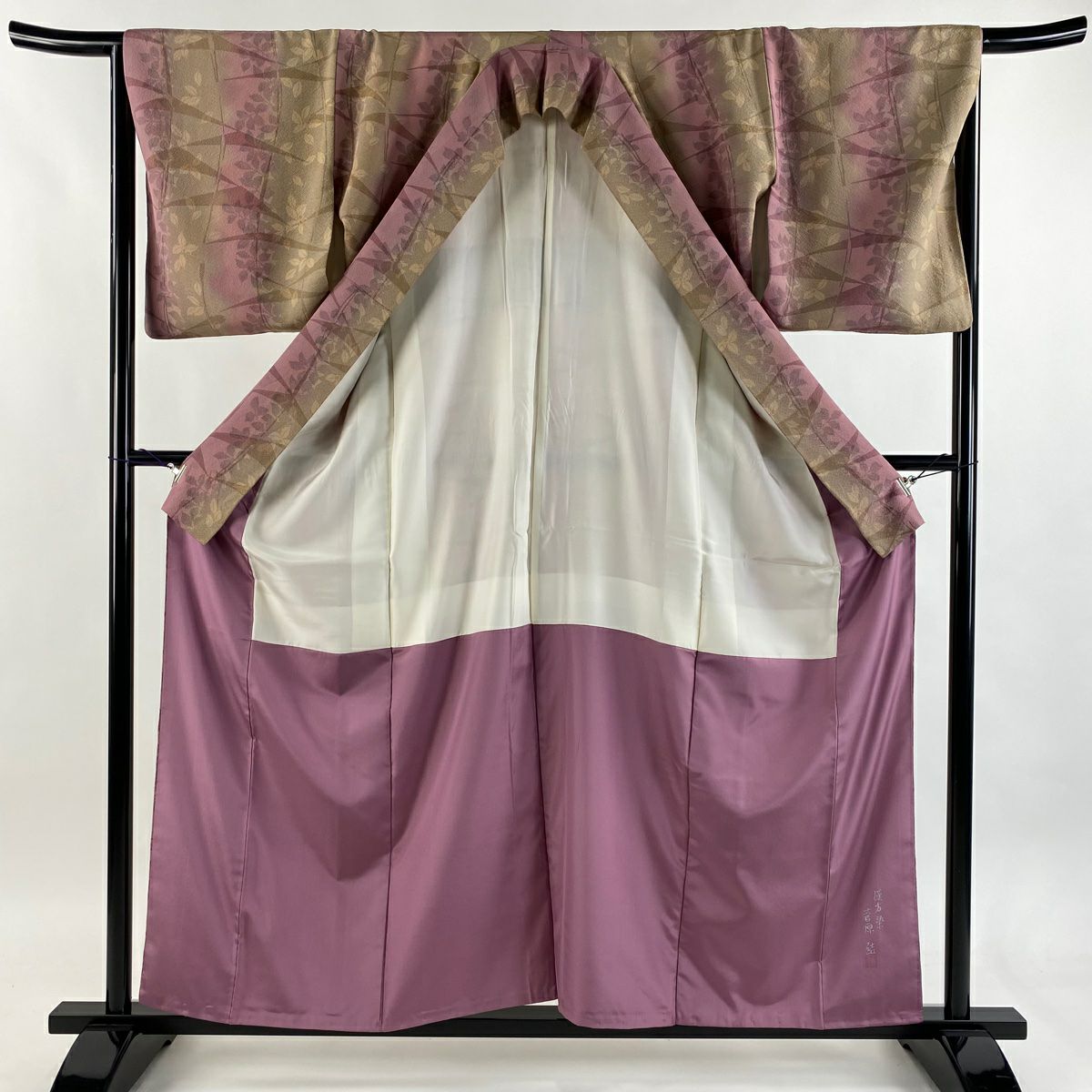 【美品】 小紋 身長158cm 袖長66cm M 雙層 菅原結 葉與果 實用幾何圖案 漢方染 紫 純蠶絲 逸品級