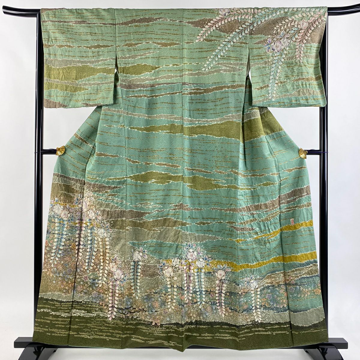 訪問服 身長159cm 袖長65.5cm M 雙層 翠山工房 落款あり 辻花染 霞 金通し 金銀彩 綠 純蠶絲 逸品級