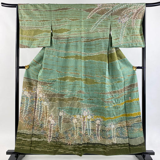 訪問服 身長159cm 袖長65.5cm M 雙層 翠山工房 落款あり 辻花染 霞 金通し 金銀彩 綠 純蠶絲 逸品級
