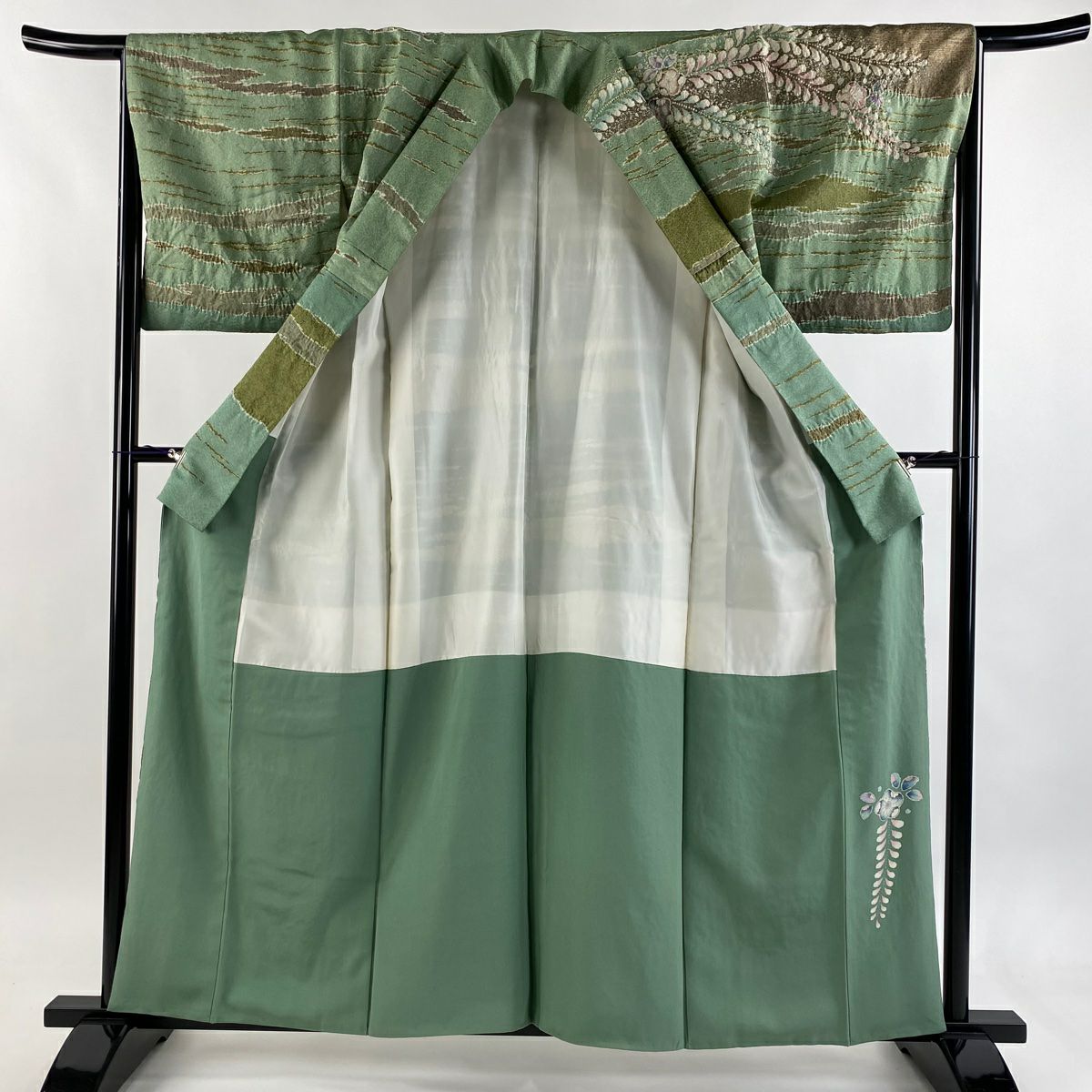 訪問服 身長159cm 袖長65.5cm M 雙層 翠山工房 落款あり 辻花染 霞 金通し 金銀彩 綠 純蠶絲 逸品級