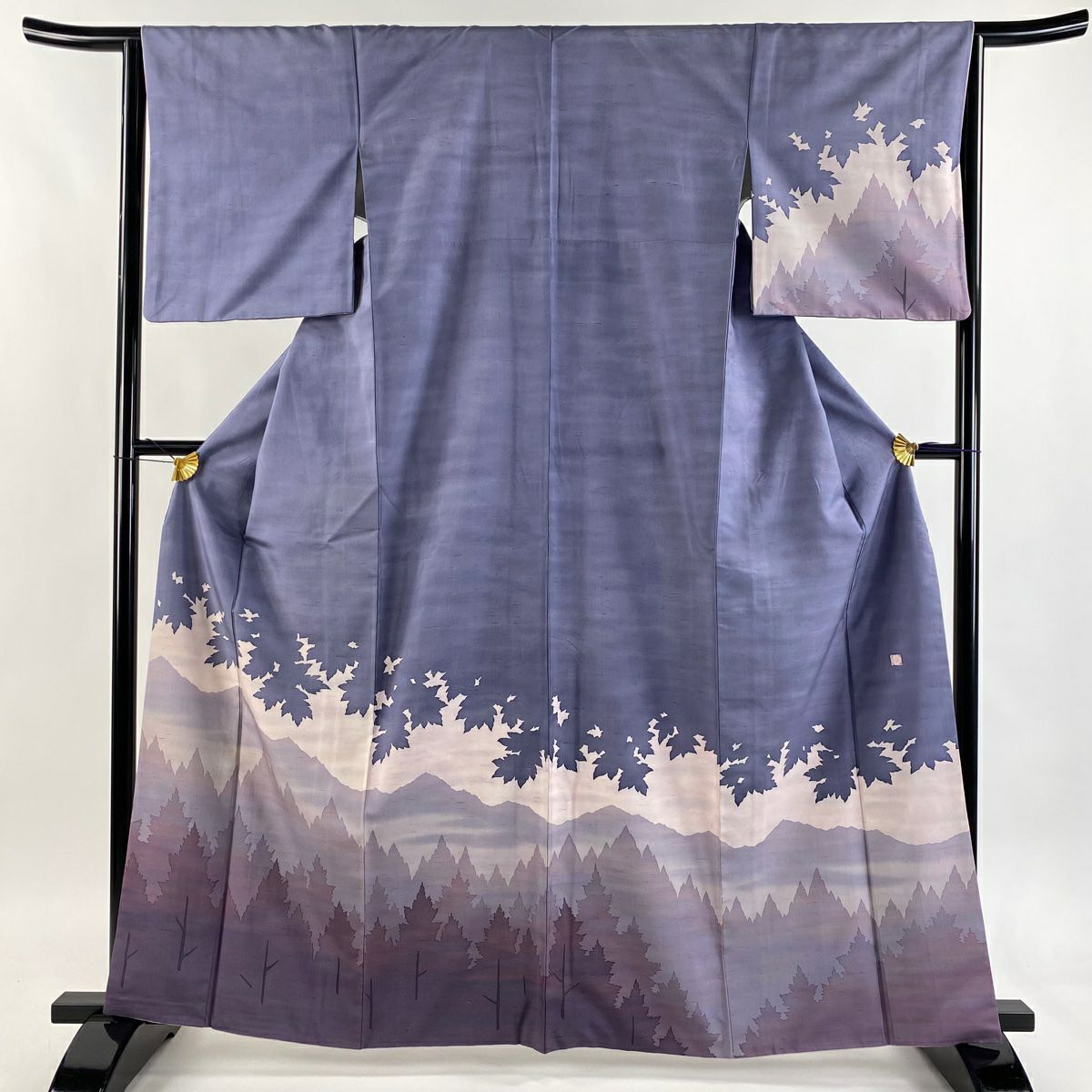 訪問服 身長163.5cm 袖長64cm M 雙層 牛首紬織織地 落款 風景 輪廓 青紫 純蠶絲 逸品級