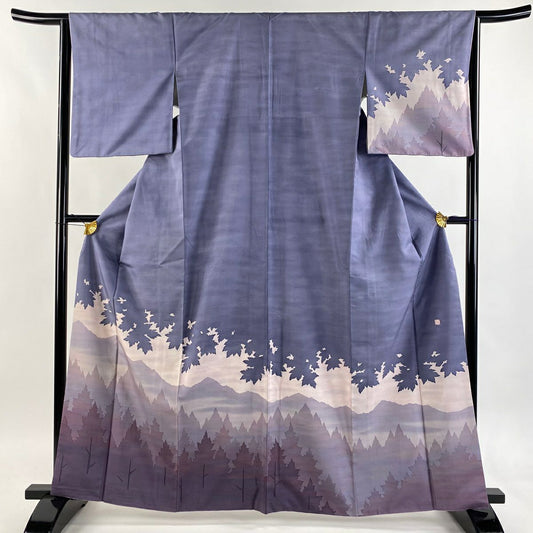 訪問服 身長163.5cm 袖長64cm M 雙層 牛首紬織織地 落款 風景 輪廓 青紫 純蠶絲 逸品級