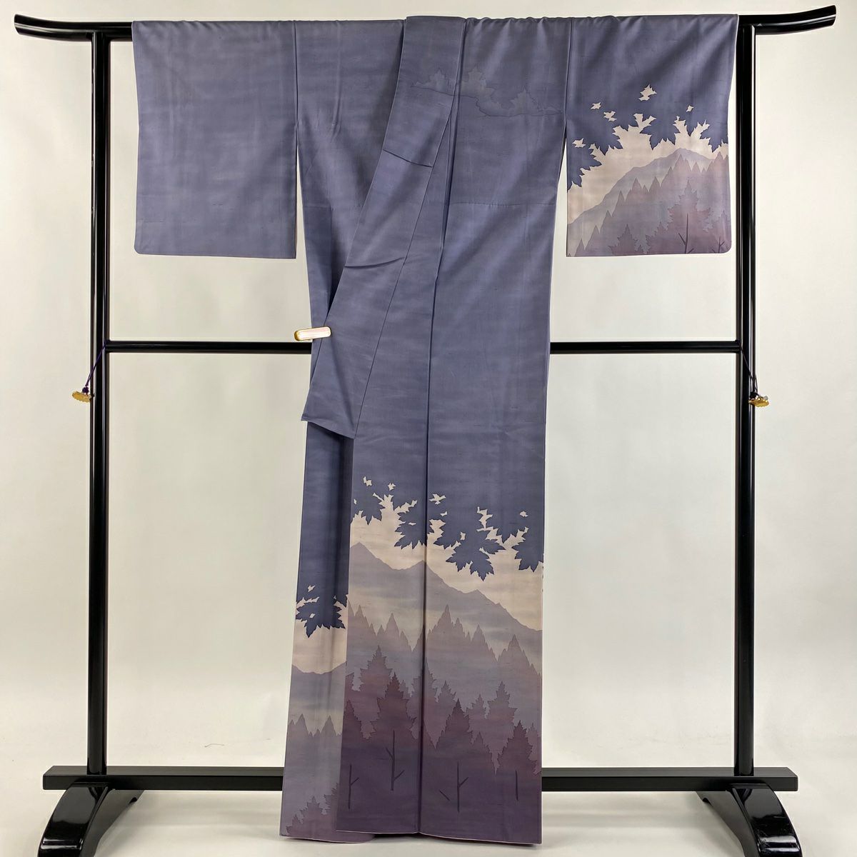 訪問服 身長163.5cm 袖長64cm M 雙層 牛首紬織織地 落款 風景 輪廓 青紫 純蠶絲 逸品級