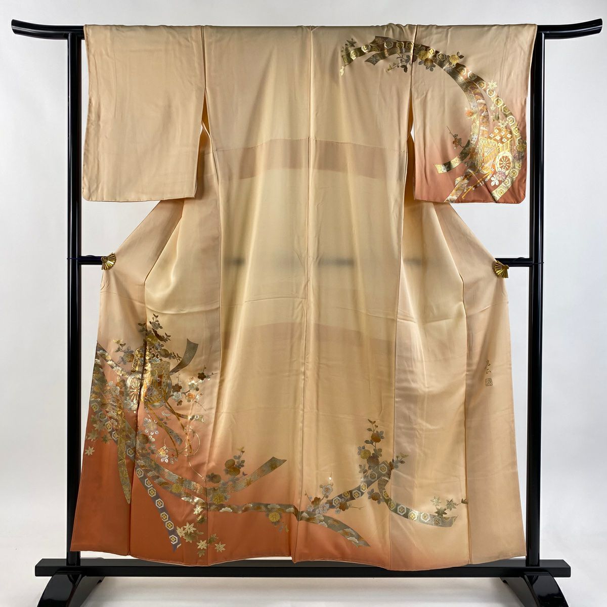 訪問服 身長156cm 袖長63cm S 雙層 和田光正 落款あり 御所車 草花紋紋 金銀彩 漸變 薄橙色 純蠶絲 逸品級