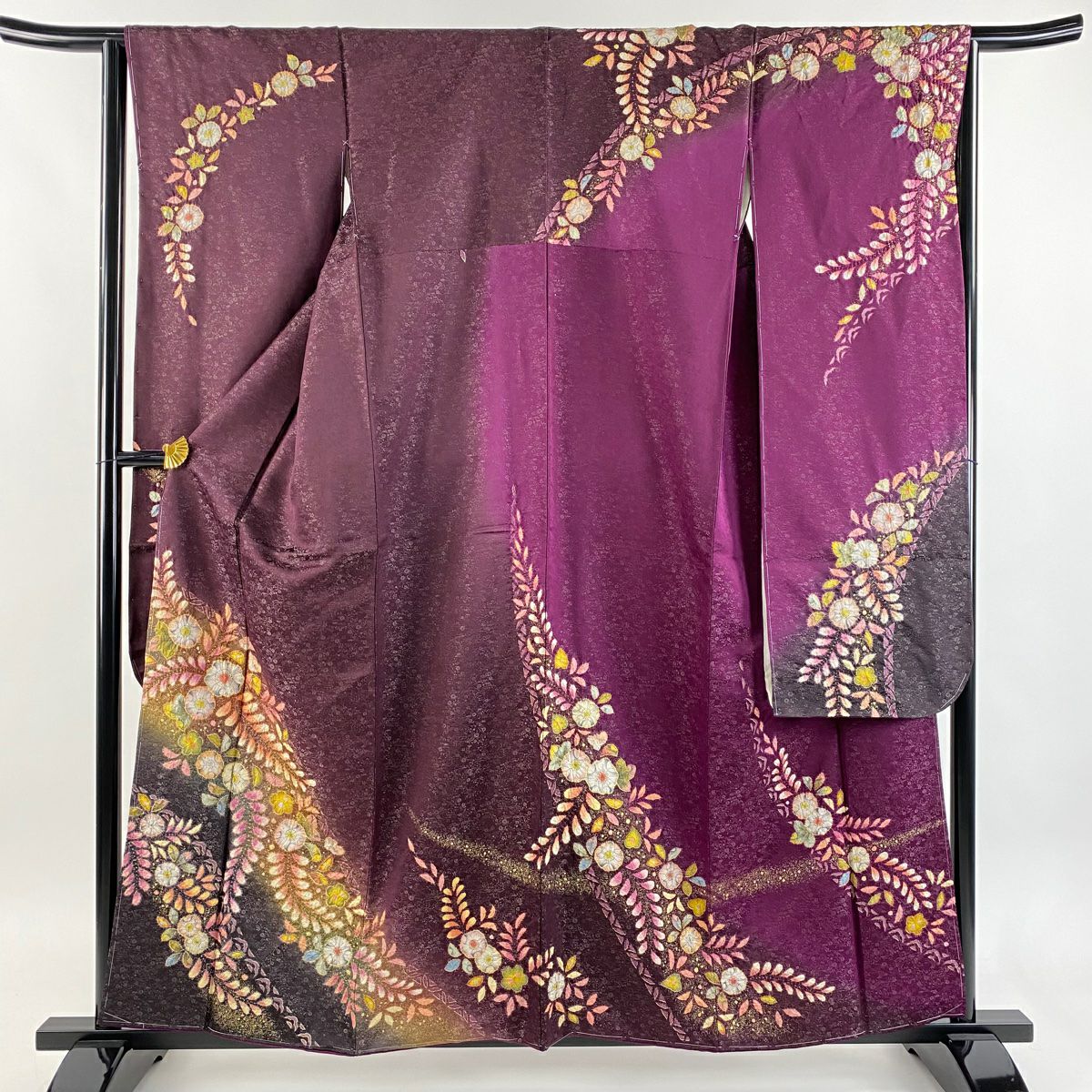 振袖禮服 身長159cm 袖長64.5cm M 雙層 徳永憲峯 落款あり 辻花染 金通し 金銀彩 濃紫 純蠶絲 逸品級