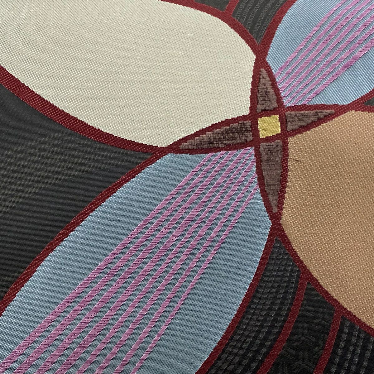 【美品】 袋帶 逸品級 じゅらく 落款あり 証紙あり 帝王紫 毛絨風 花 幾何學 金絲 墨色 大鼓圖案 純蠶絲
