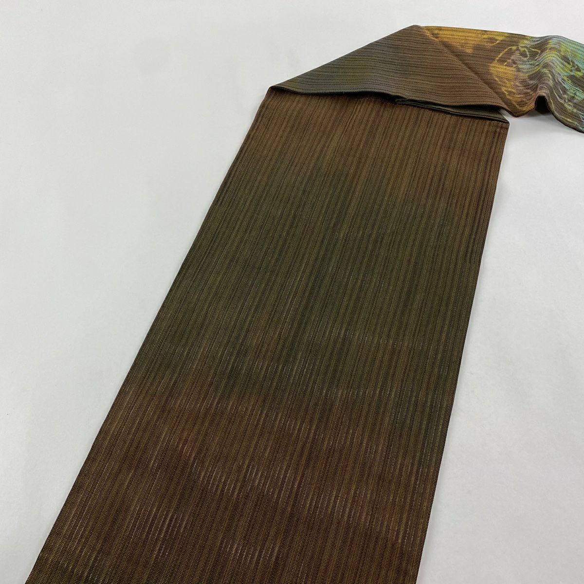 【美品】 名古屋帶 逸品級 夏帶 幾何圖案 茶綠 純蠶絲