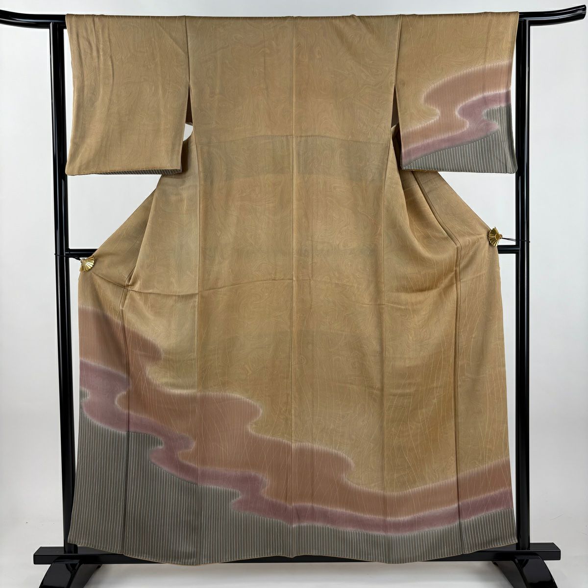 付下 身長159.5cm 袖長63cm S 雙層 流水 墨流染 分染 漸層 薄茶 純蠶絲 名品級