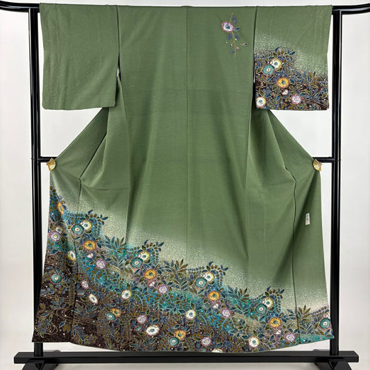 付下 身長154cm 袖長62.5cm S 雙層 落款あり 辻花染 金銀彩 漸層 灰綠 純蠶絲 名品級