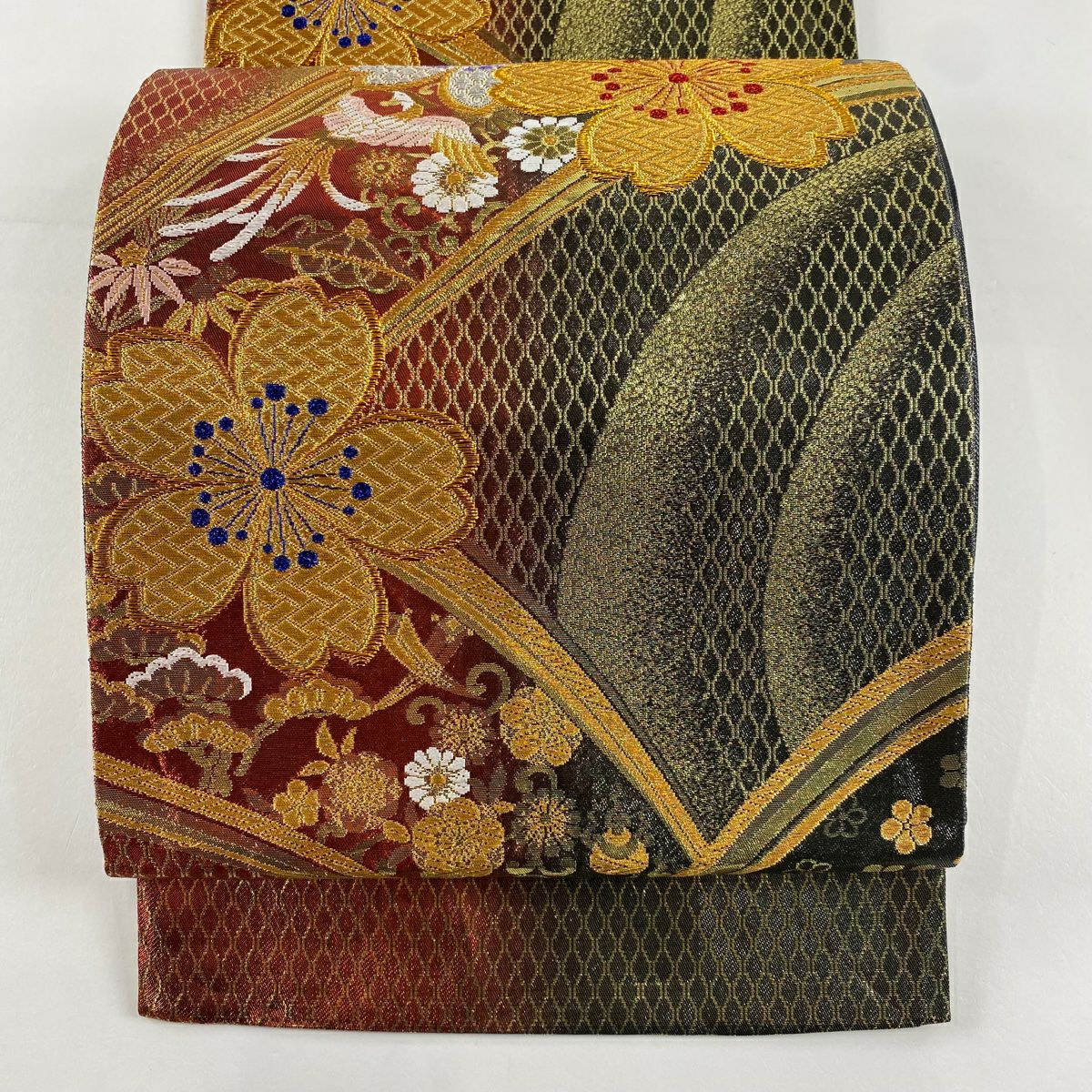 【美品】 袋帶 秀品級 振袖禮服禮服用 櫻花 鳳凰 金銀彩 金金箔 紅 六通 純蠶絲