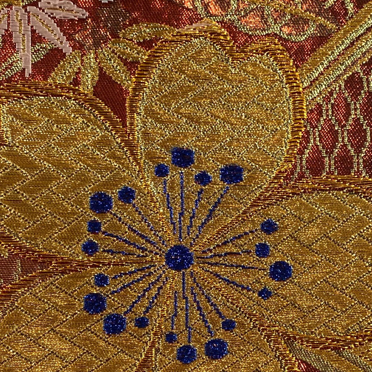 【美品】 袋帶 秀品級 振袖禮服禮服用 櫻花 鳳凰 金銀彩 金金箔 紅 六通 純蠶絲