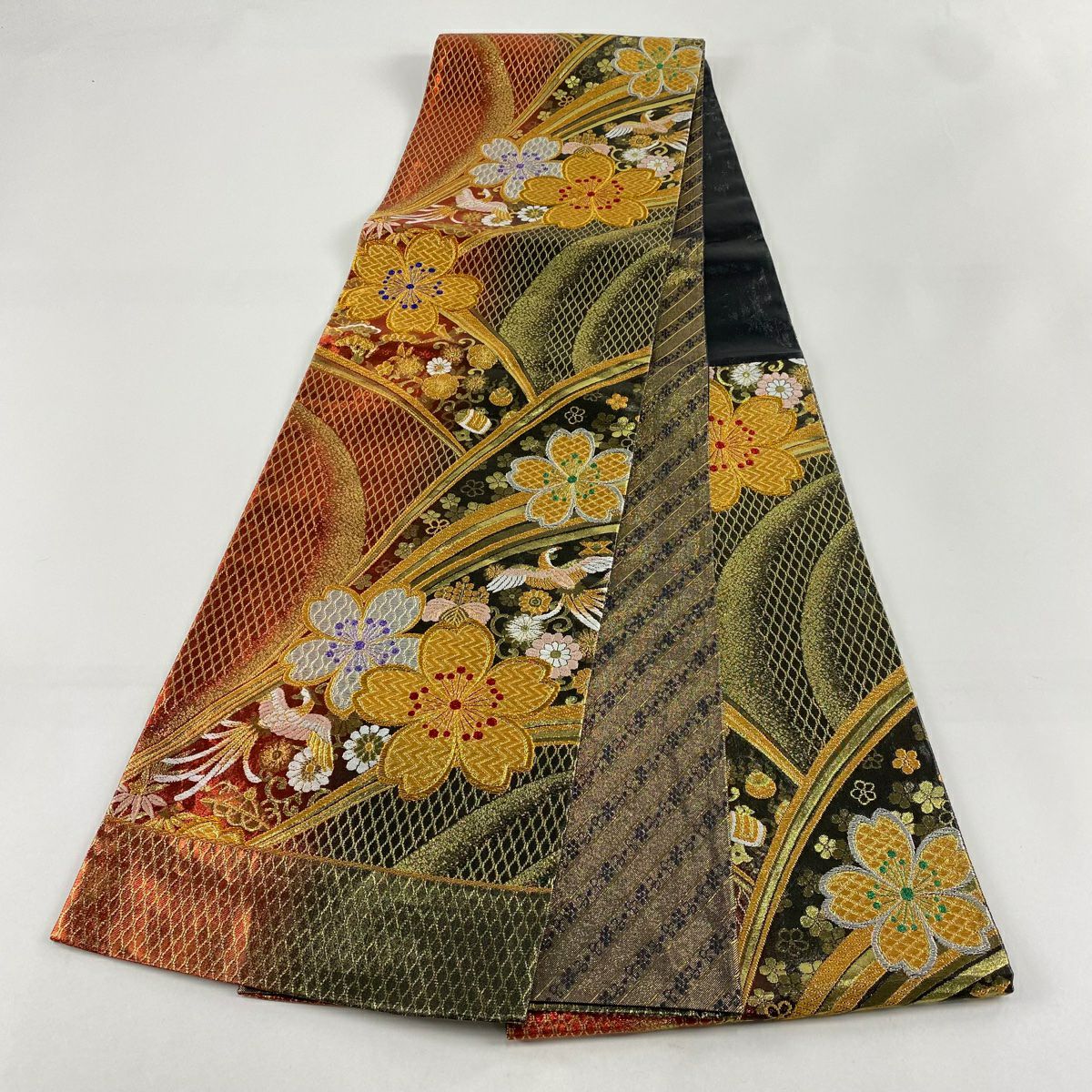 【美品】 袋帶 秀品級 振袖禮服禮服用 櫻花 鳳凰 金銀彩 金金箔 紅 六通 純蠶絲
