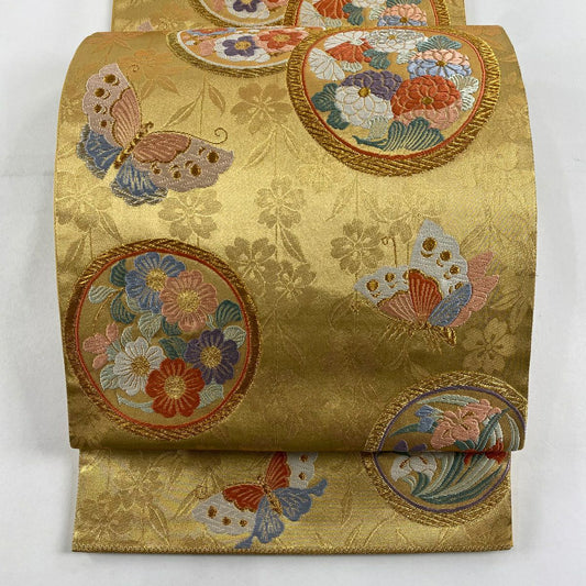袋帶 秀品級 草花紋紋 蝶 金銀彩 金金箔 金 六通 純蠶絲
