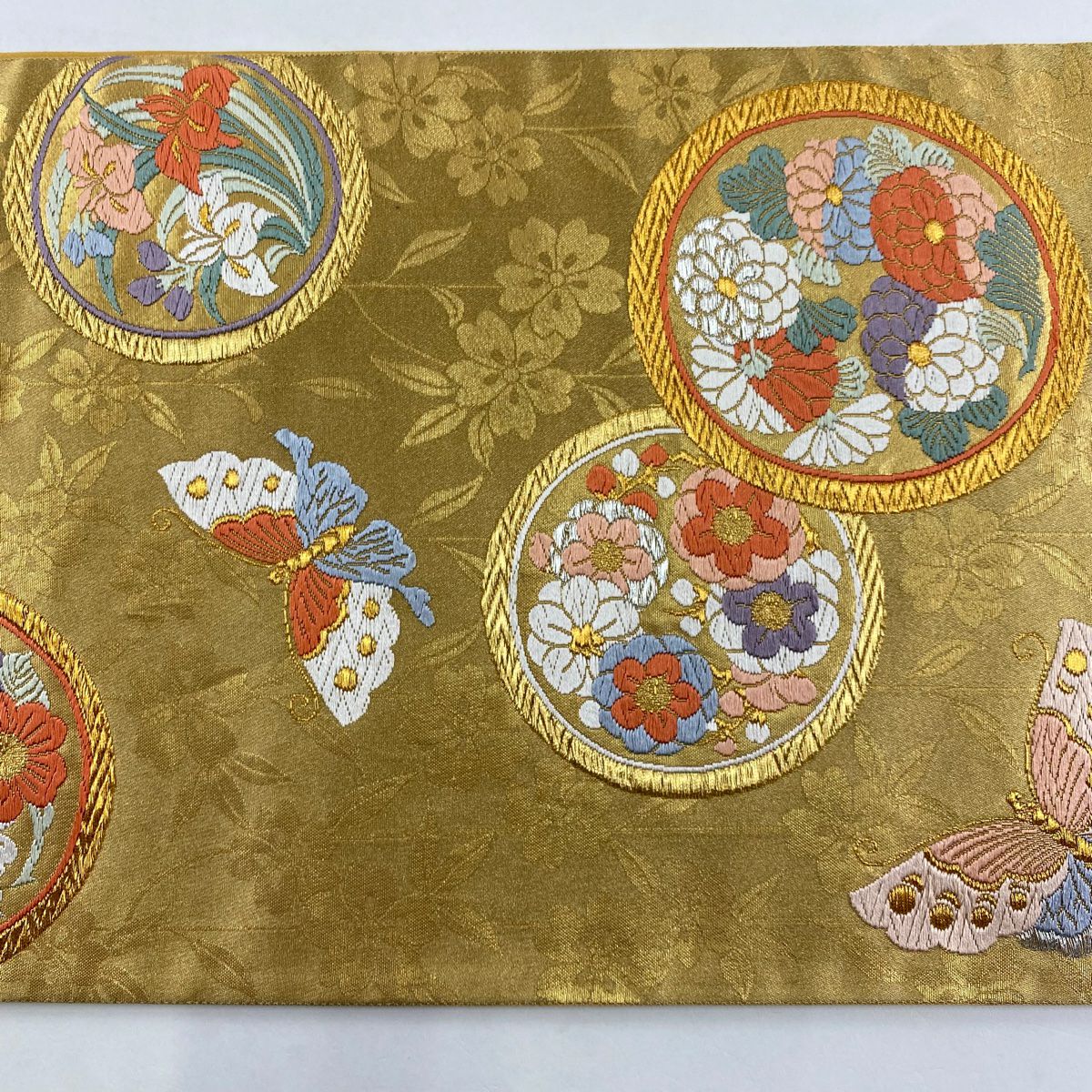 袋帶 秀品級 草花紋紋 蝶 金銀彩 金金箔 金 六通 純蠶絲