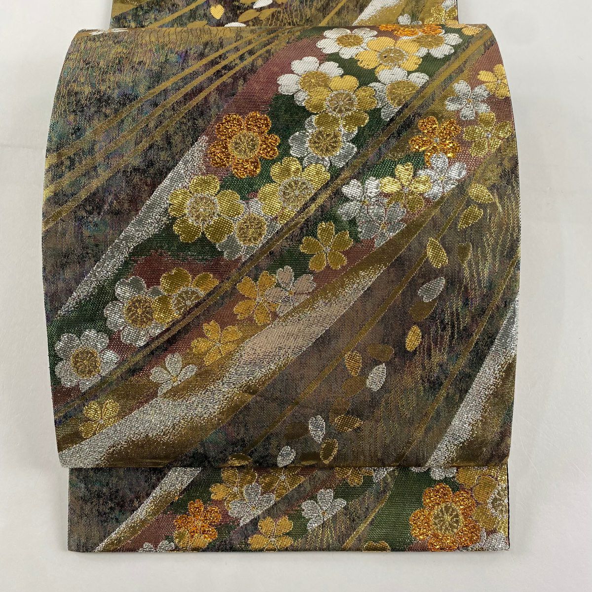 【美品】 袋帶 秀品級 櫻花 幾何圖案 金金箔 綠色 六通 純蠶絲