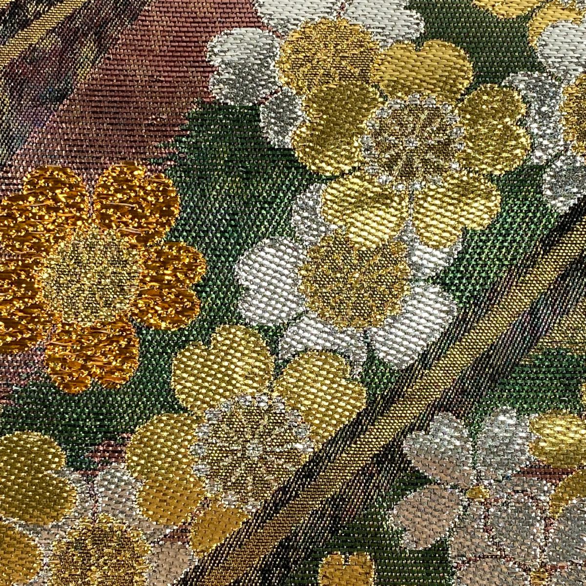 【美品】 袋帶 秀品級 櫻花 幾何圖案 金金箔 綠色 六通 純蠶絲