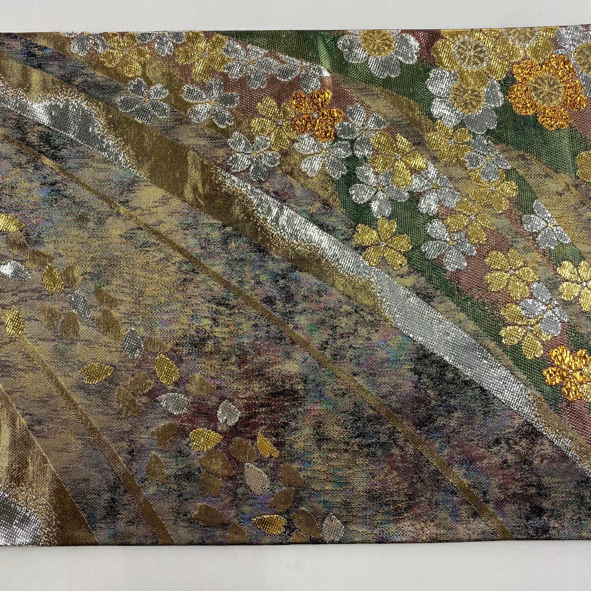 【美品】 袋帶 秀品級 櫻花 幾何圖案 金金箔 綠色 六通 純蠶絲