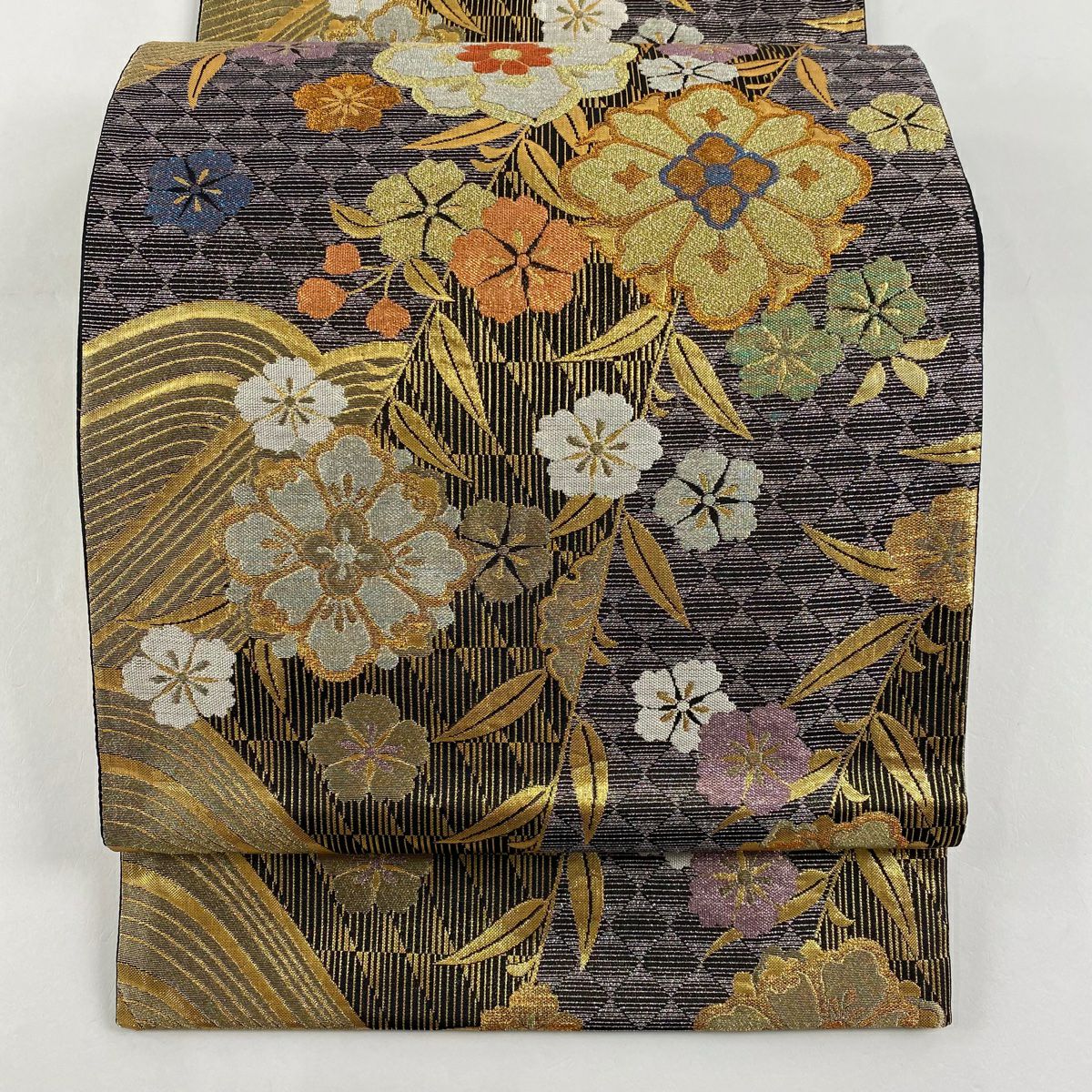 【美品】 袋帶 秀品級 振袖禮服禮服用 花 枝垂櫻 金銀絲 金金箔 灰紫 六通 純蠶絲