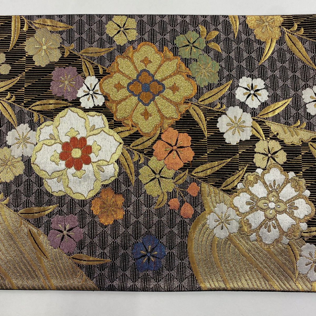 【美品】 袋帶 秀品級 振袖禮服禮服用 花 枝垂櫻 金銀絲 金金箔 灰紫 六通 純蠶絲