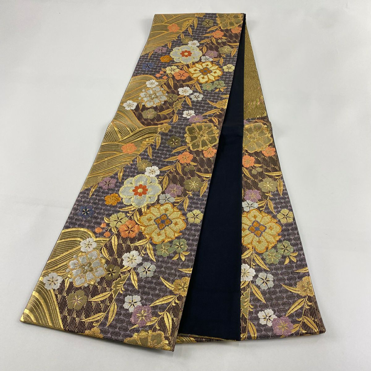 【美品】 袋帶 秀品級 振袖禮服禮服用 花 枝垂櫻 金銀絲 金金箔 灰紫 六通 純蠶絲