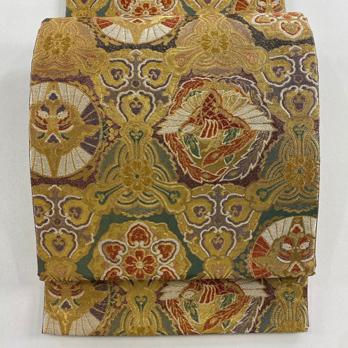 【美品】 袋帶 秀品級 向鳥 華紋 金絲 金金箔 金色 六通 純蠶絲