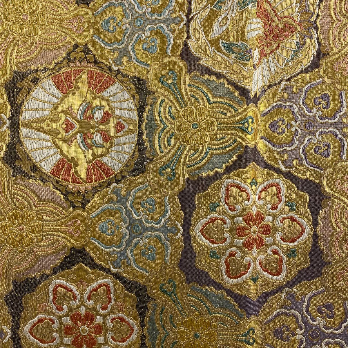 【美品】 袋帶 秀品級 向鳥 華紋 金絲 金金箔 金色 六通 純蠶絲
