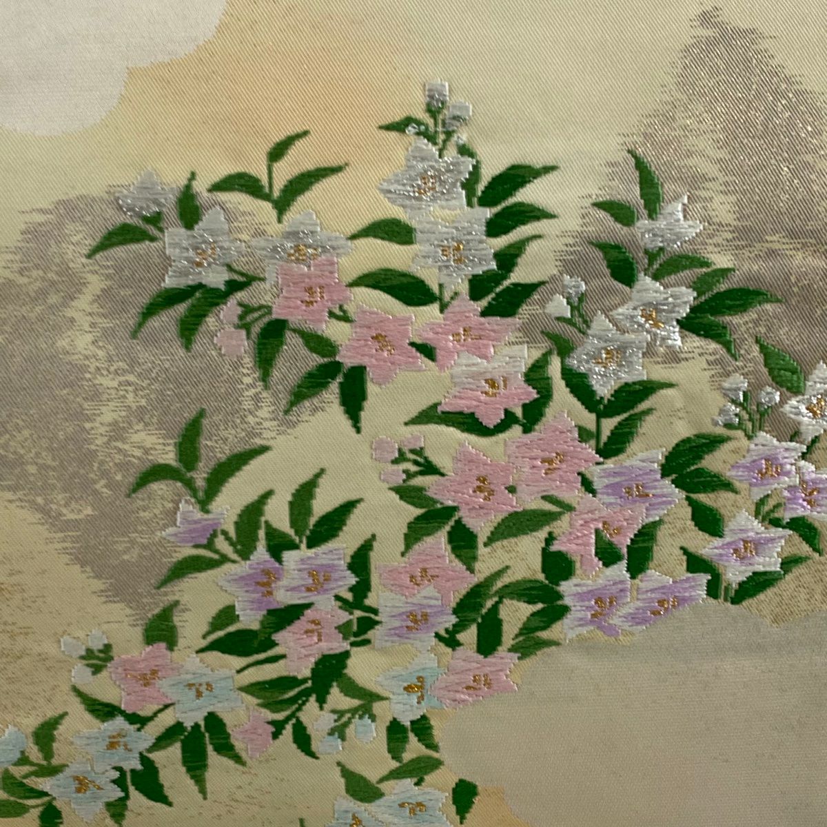 名古屋帶 秀品級 草花紋 金銀彩 金金箔 奶油色 純蠶絲