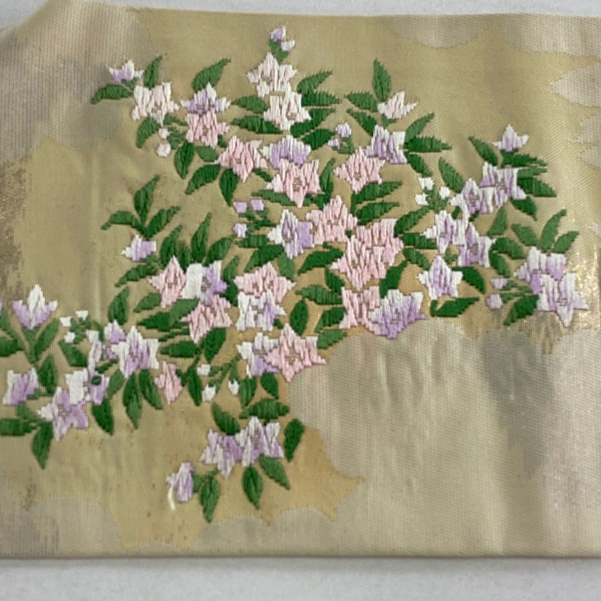 名古屋帶 秀品級 草花紋 金銀彩 金金箔 奶油色 純蠶絲