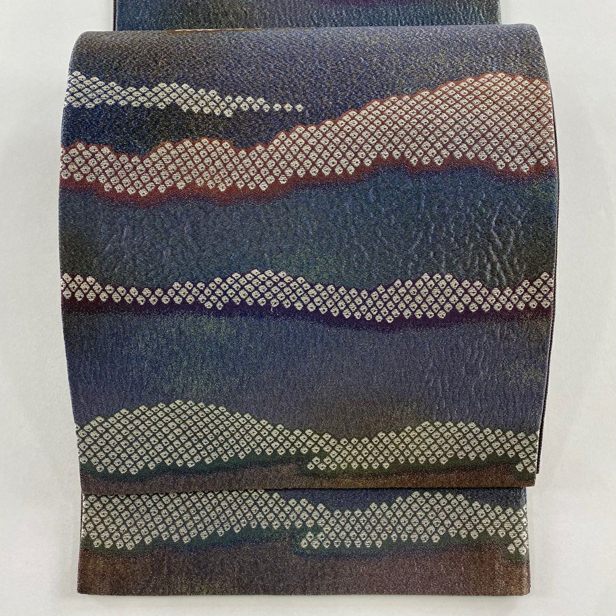 【美品】 袋帶 秀品級 段紋 幾何學 金金箔 灰紫 六通 純蠶絲