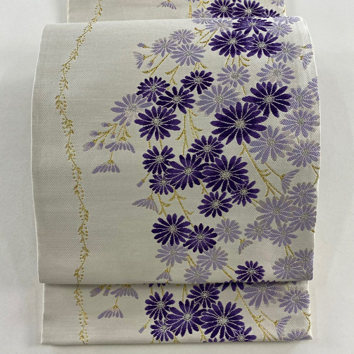 【美品】 袋帶 秀品級 枝花 金金箔 白 六通 純蠶絲