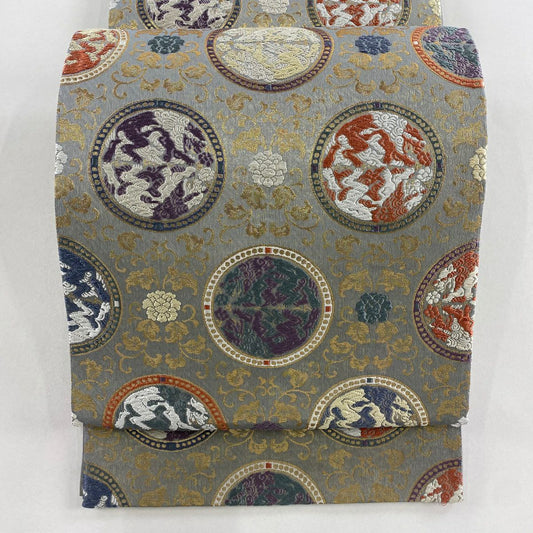 袋帶 秀品級 圓文 花唐草紋 刺繡 金金箔 灰 深藍 六通 純蠶絲